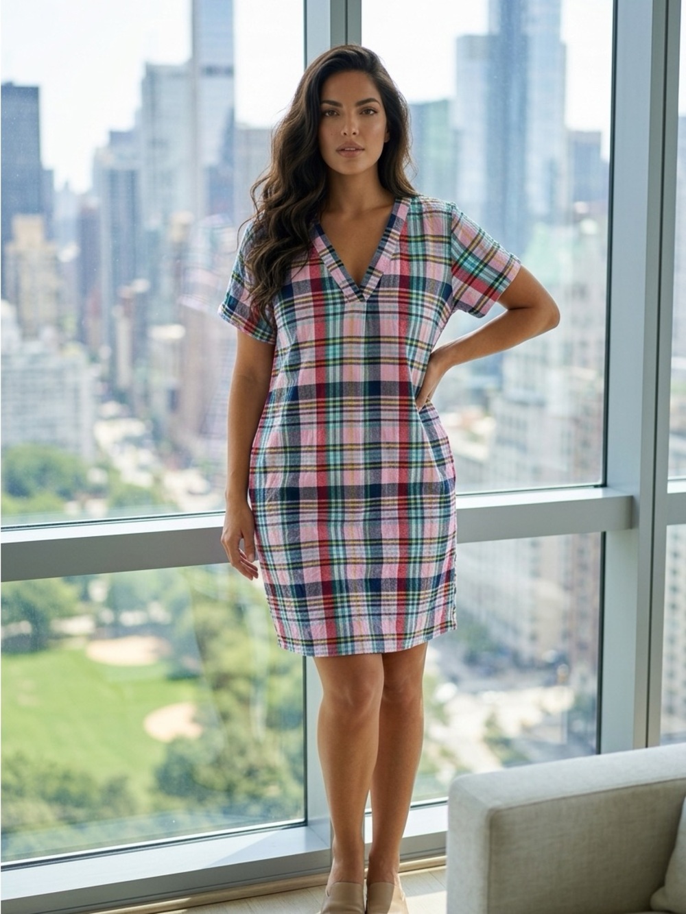 Women’s Plaid V-Neck Dress in Pink Multi
